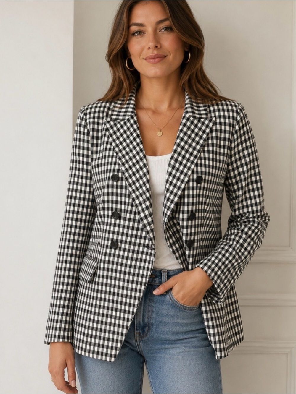 Madison d Amelie Black White Checkerboard Plaid Double Breasted Blazer Jacket